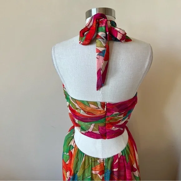 Ronny Kobo Floral Patterned Halter maxi Dress gown Pink Green 26129